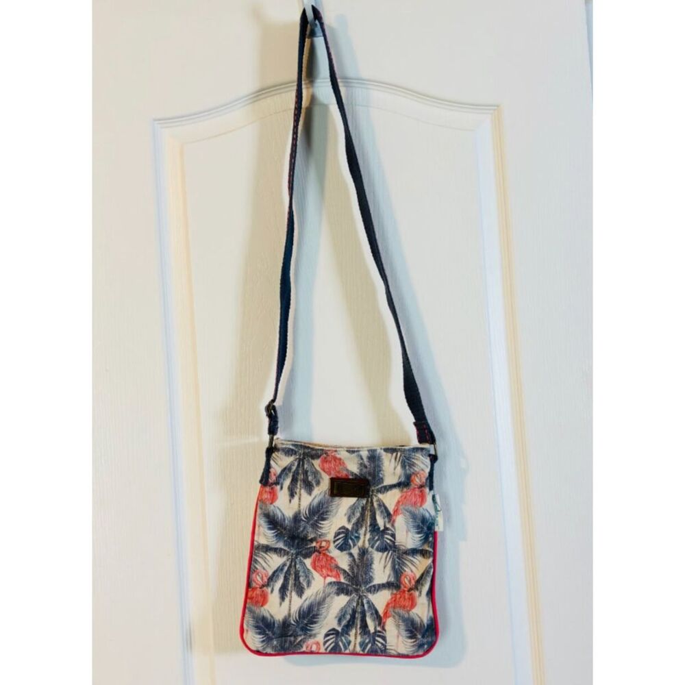 Caribbean Joe Flamingo Palm Print Crossbody Canvas Tropical Travel Bag